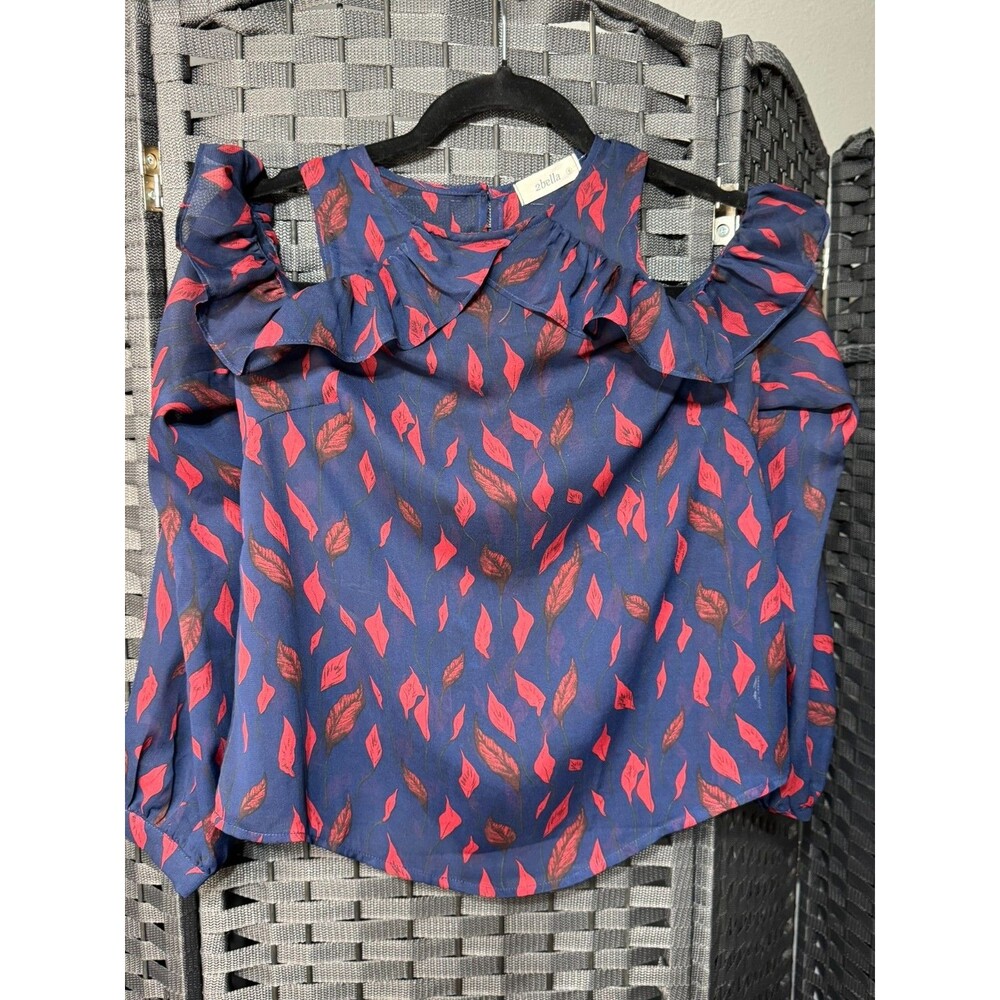 Y2K Navy Blue Cold Shoulder Leaf Print  Size S Boho Tropical Top Summer Casual